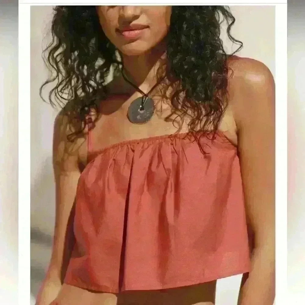 By Anthropologie Ruffled Crop Crimson Color Top Size M - Picture 2 of 9